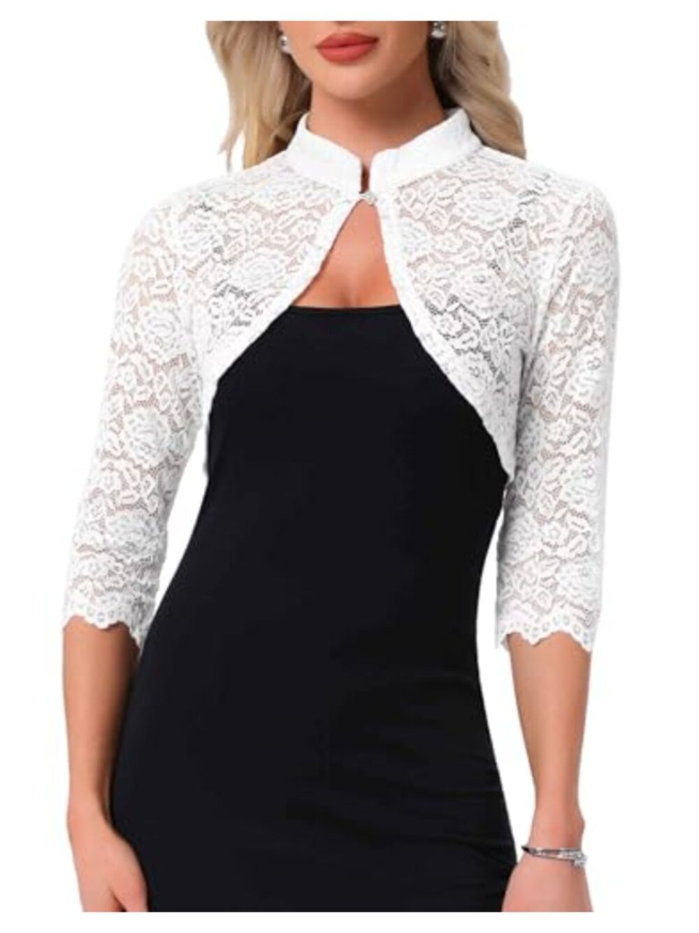Lace Bolero Shrug for Women 3/4 Sleeve Stand Collar Cardigan